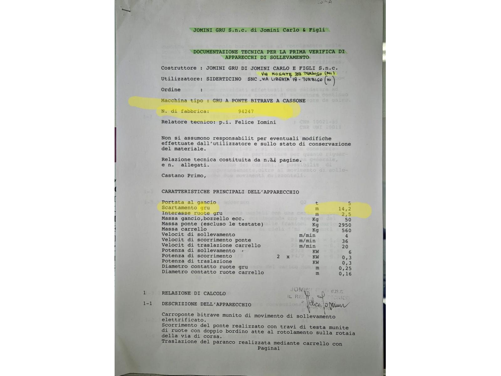 CARROPONTE BITRAVE JOMINI 5 TON SCARTAMENTO 14200mm