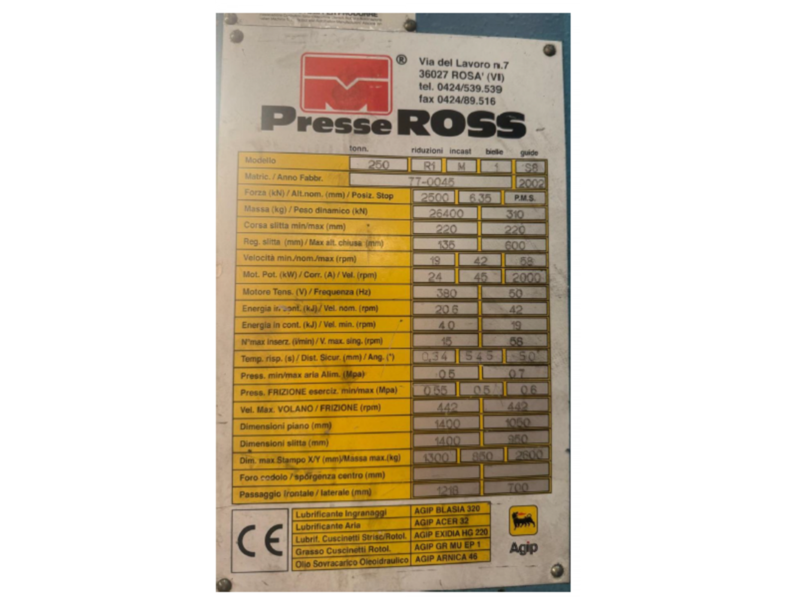 Pressa eccentrica OMERA/ROSS TON 250 DOPPIO MONTANTE