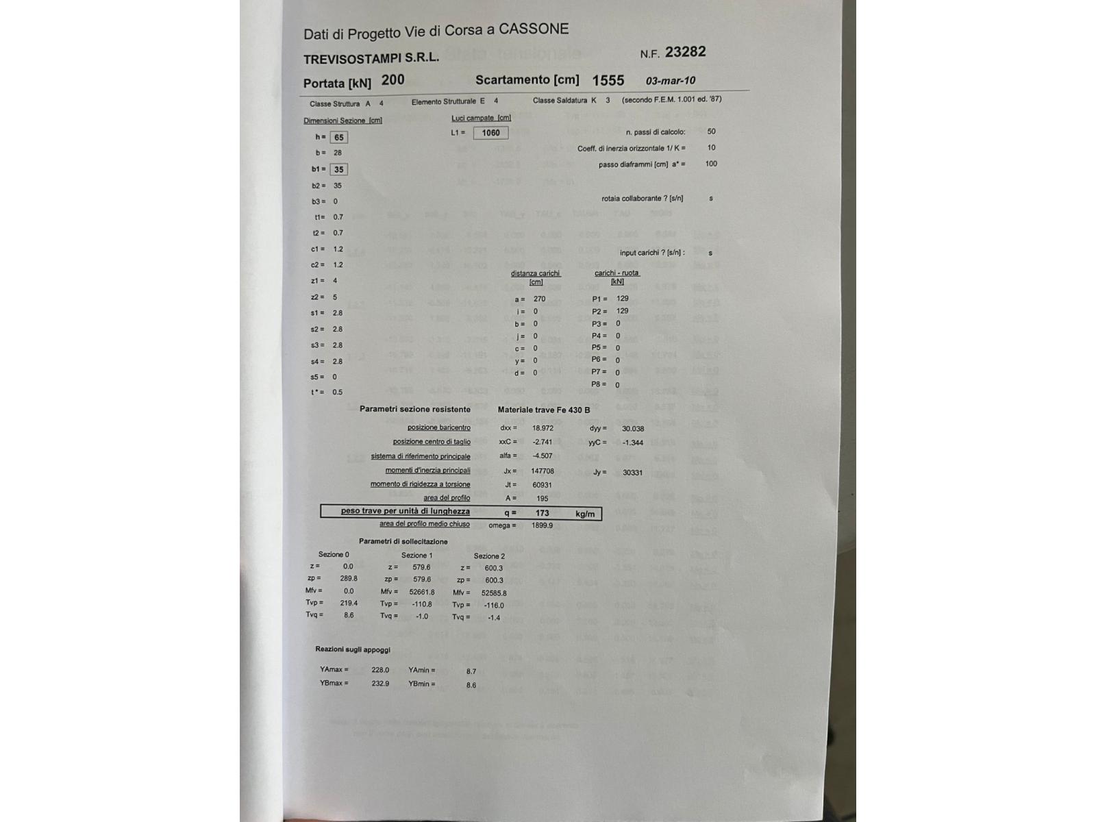 VIE DI CORSA PORTATA 20 TON PASSO 10460MM CERTIFICATE