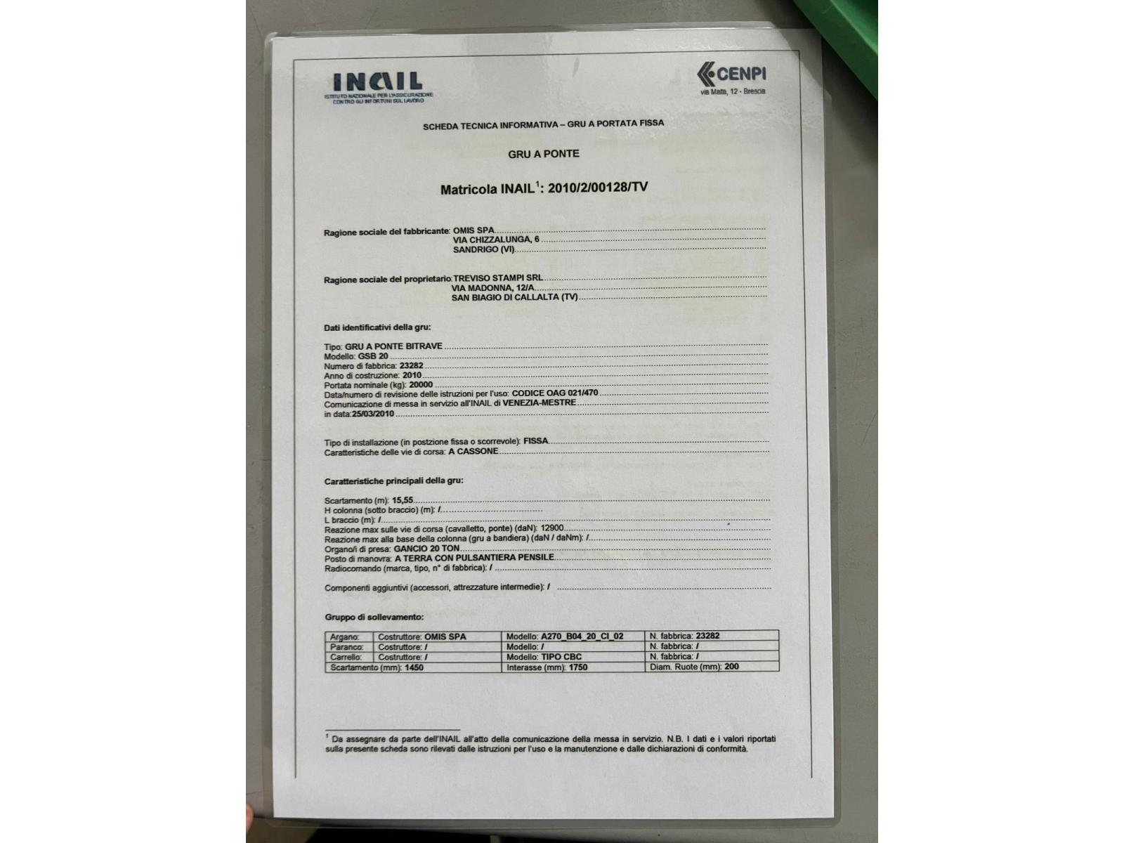 VIE DI CORSA PORTATA 20 TON PASSO 10460MM CERTIFICATE