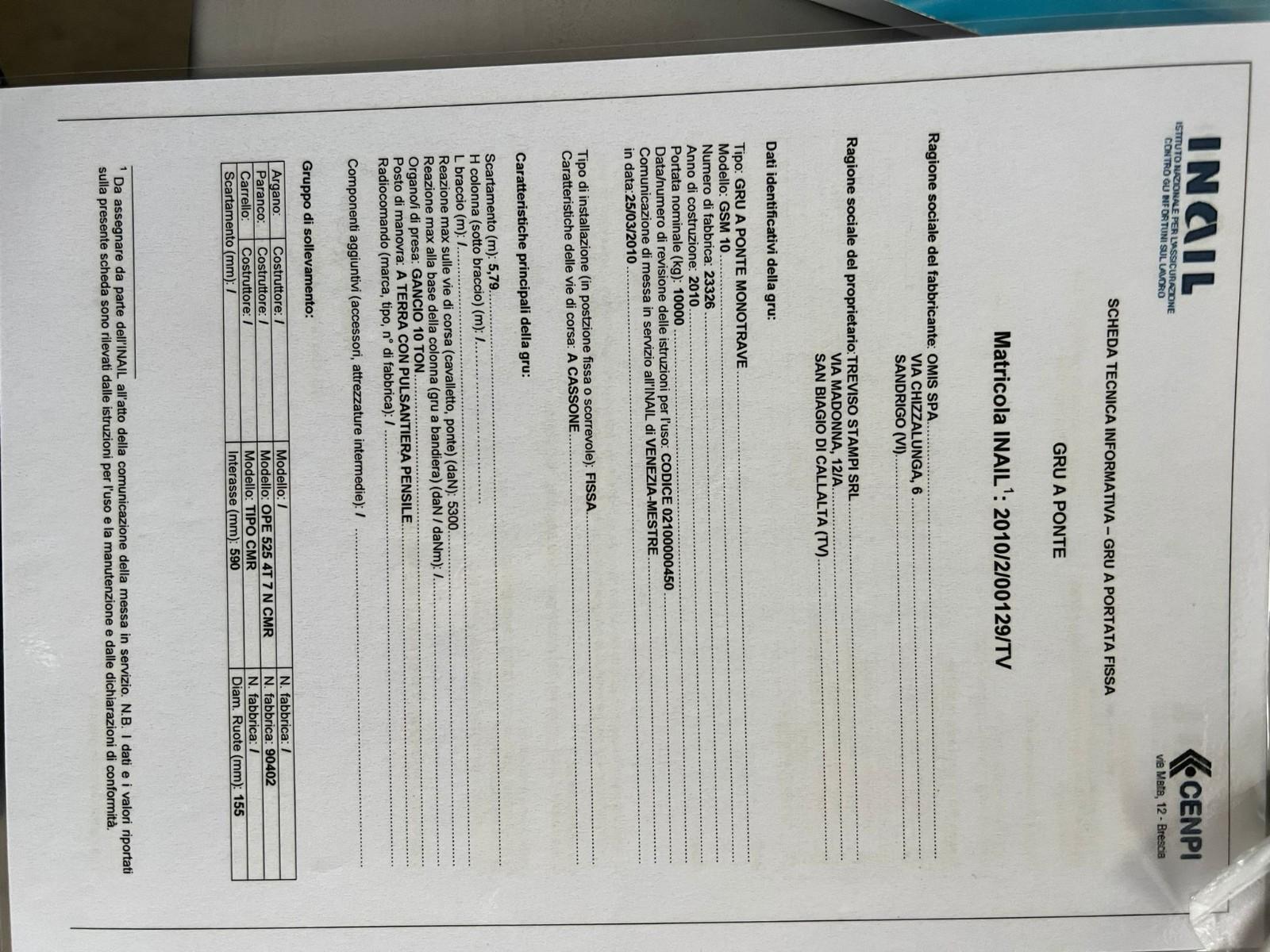 VIE DI CORSA PORTATA 20 TON PASSO 10460MM CERTIFICATE